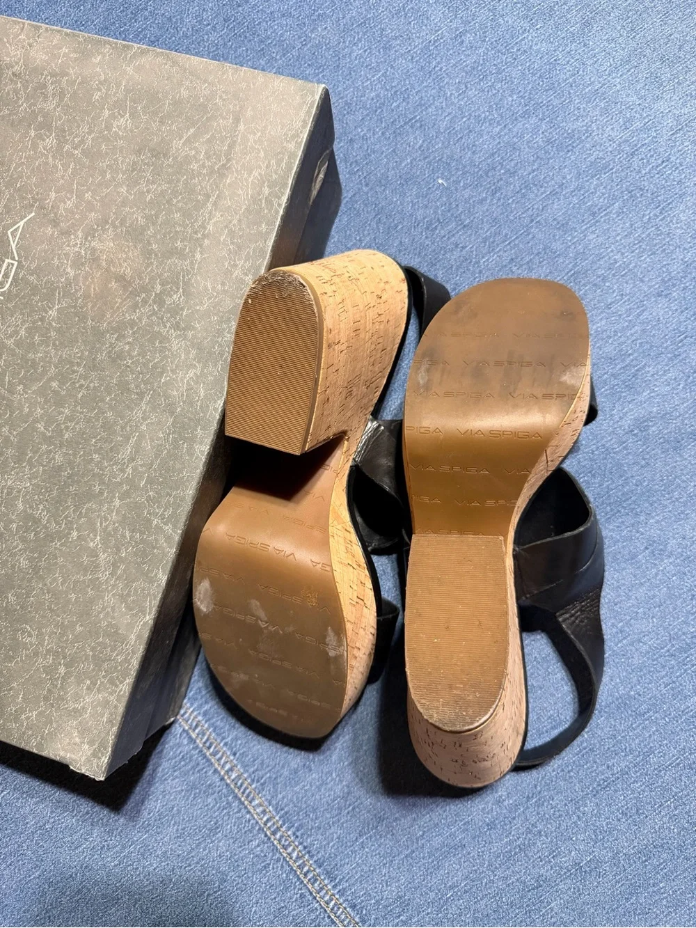 Via Spiga Black Leather Wedge Sandals